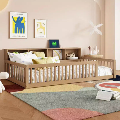 Twin XL Montessori Floor Bed with Storage Cabinets & USB Charging Ports, Pine Wood