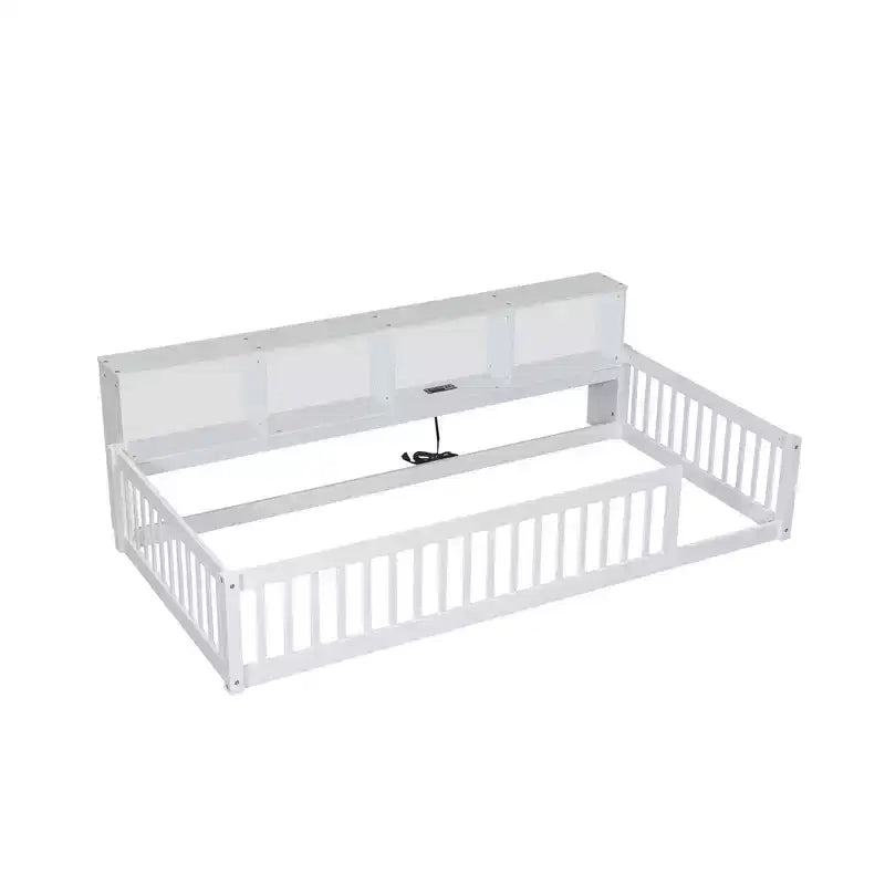 Twin XL Montessori Floor Bed with Storage Cabinets & USB Charging Ports, Pine Wood