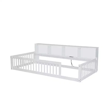 Twin XL Montessori Floor Bed with Storage Cabinets & USB Charging Ports, Pine Wood