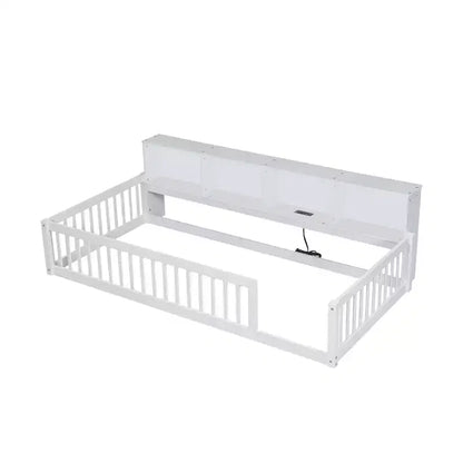 Twin XL Montessori Floor Bed with Storage Cabinets & USB Charging Ports, Pine Wood