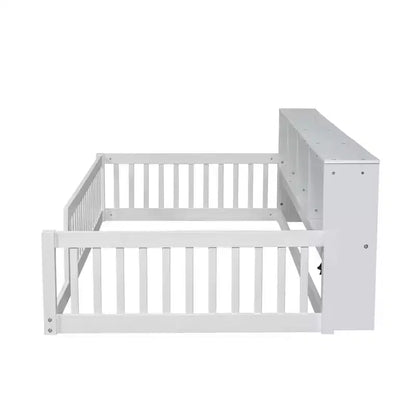 Twin XL Montessori Floor Bed with Storage Cabinets & USB Charging Ports, Pine Wood