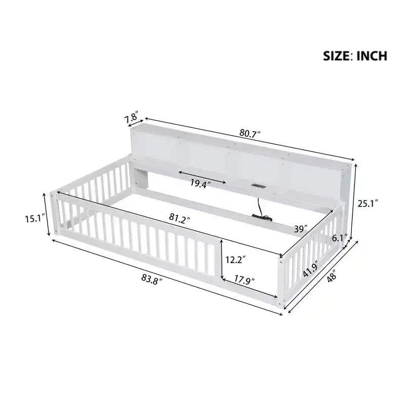 Twin XL Montessori Floor Bed with Storage Cabinets & USB Charging Ports, Pine Wood