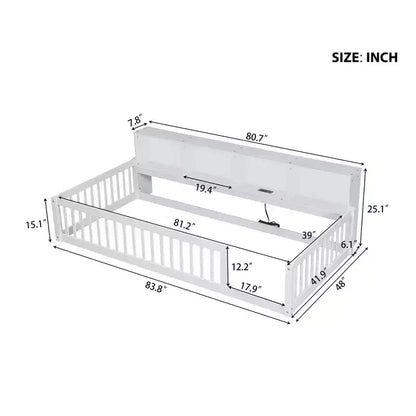Twin XL Montessori Floor Bed with Storage Cabinets & USB Charging Ports, Pine Wood