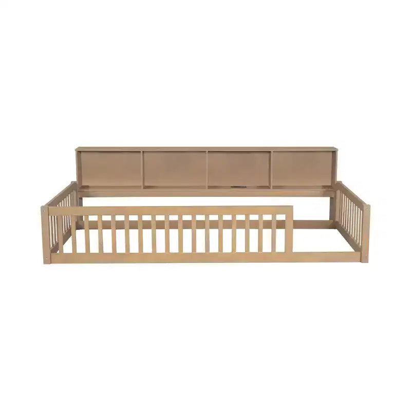 Twin XL Montessori Floor Bed with Storage Cabinets & USB Charging Ports, Pine Wood