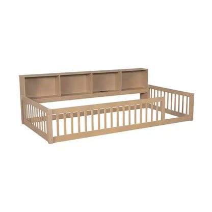 Twin XL Montessori Floor Bed with Storage Cabinets & USB Charging Ports, Pine Wood