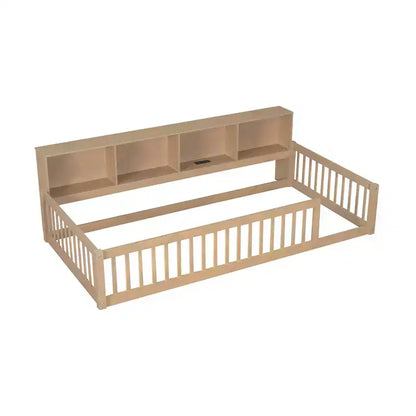 Twin XL Montessori Floor Bed with Storage Cabinets & USB Charging Ports, Pine Wood