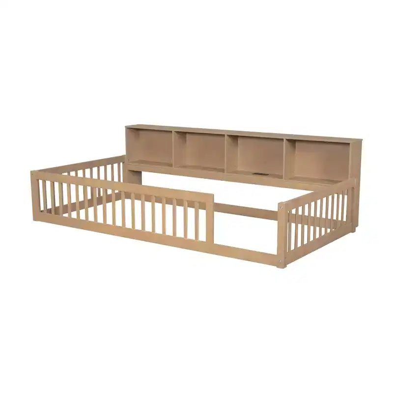 Twin XL Montessori Floor Bed with Storage Cabinets & USB Charging Ports, Pine Wood