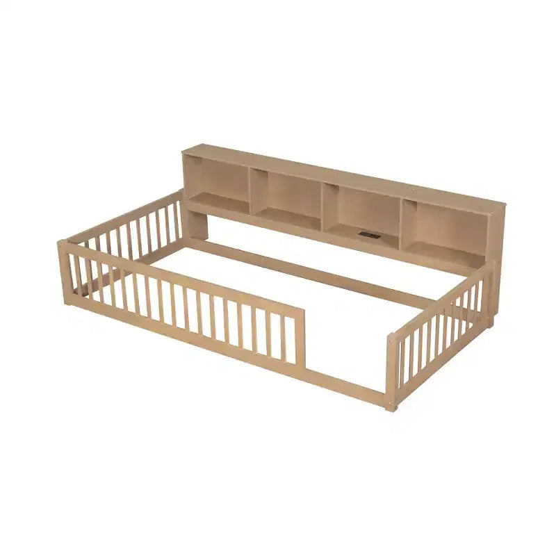 Twin XL Montessori Floor Bed with Storage Cabinets & USB Charging Ports, Pine Wood