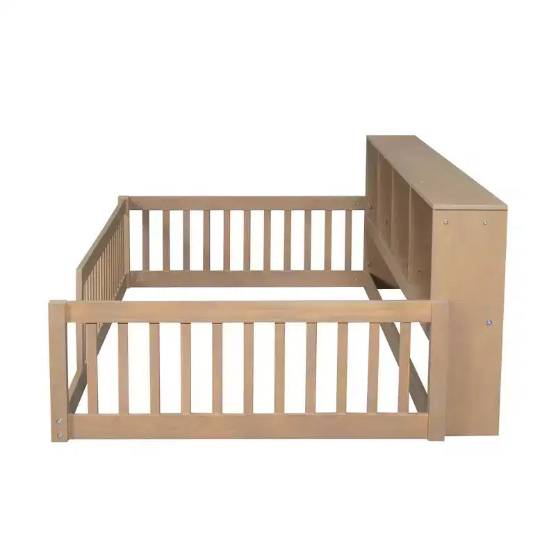 Twin XL Montessori Floor Bed with Storage Cabinets & USB Charging Ports, Pine Wood