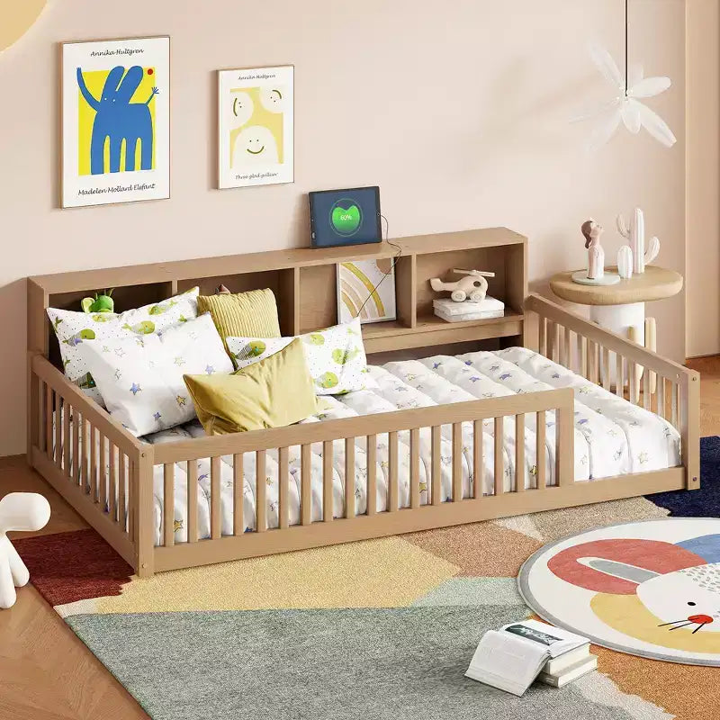 Whisen Wood Twin XL Size Montessori Floor Bed with Storage Cabinets and USB Ports