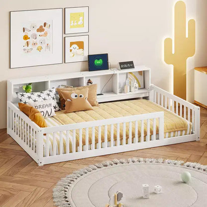 Twin XL Montessori Floor Bed with Storage Cabinets & USB Charging Ports, Pine Wood