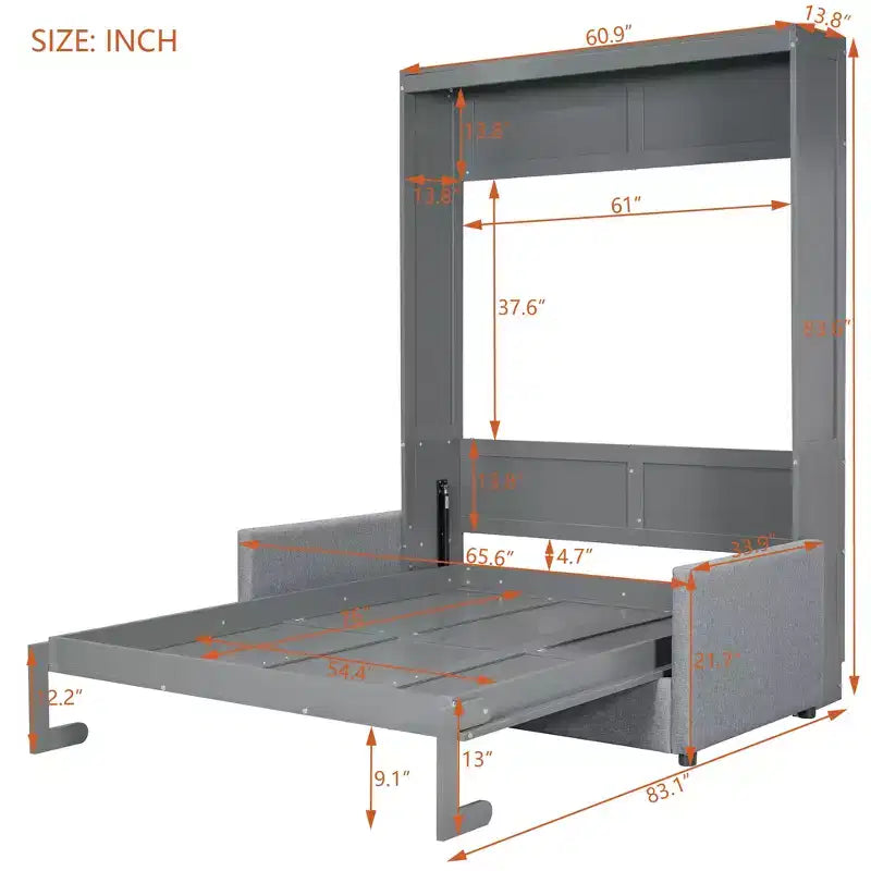 Full Size Murphy Bed with Sofa & Cushion, Folds Flat, MDF, 600 lbs Capacity