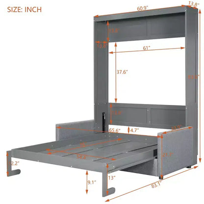 Full Size Murphy Bed with Sofa & Cushion, Folds Flat, MDF, 600 lbs Capacity