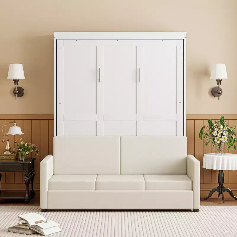 Full Size Murphy Bed with Sofa & Cushion, Folds Flat, MDF, 600 lbs Capacity