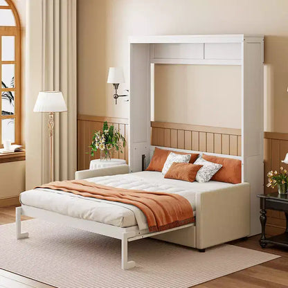 Full Size Murphy Bed with Sofa & Cushion, Folds Flat, MDF, 600 lbs Capacity