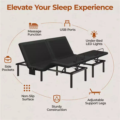Adjustable Bed Base with Independent Head & Foot Incline, LED Lights & USB Ports, 750 lbs