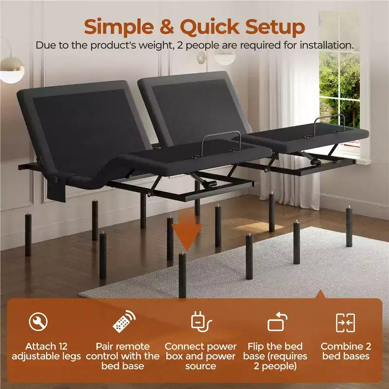 Adjustable Bed Base with Independent Head & Foot Incline, LED Lights & USB Ports, 750 lbs