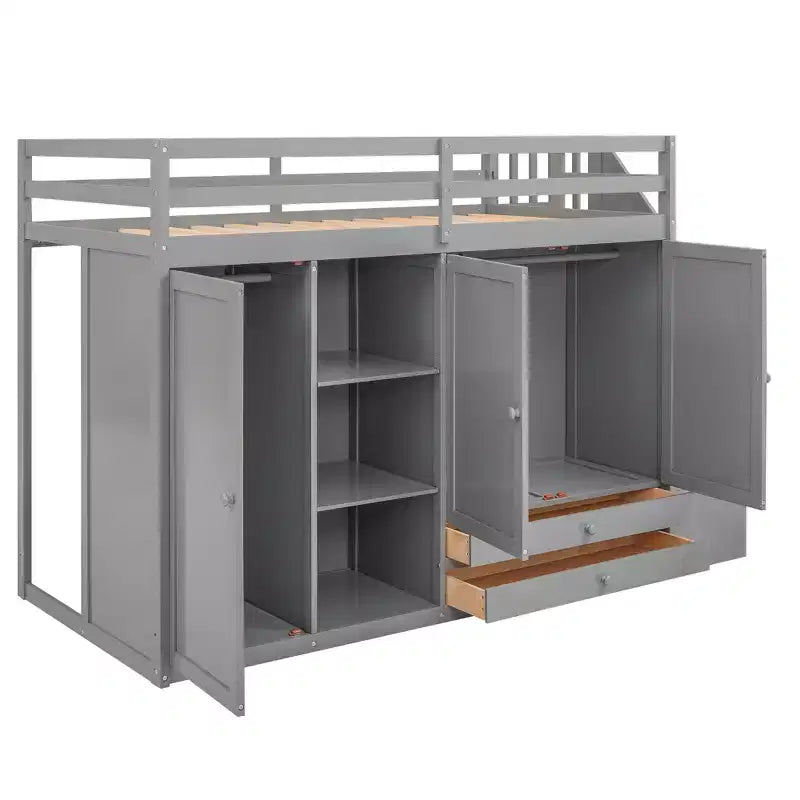 Full Loft Bed with Wardrobes, Drawers, Shelves & Storage Ladder, Pine Wood, 93x42in