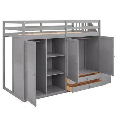 Full Loft Bed with Wardrobes, Drawers, Shelves & Storage Ladder, Pine Wood, 93x42in