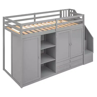 Full Loft Bed with Wardrobes, Drawers, Shelves & Storage Ladder, Pine Wood, 93x42in