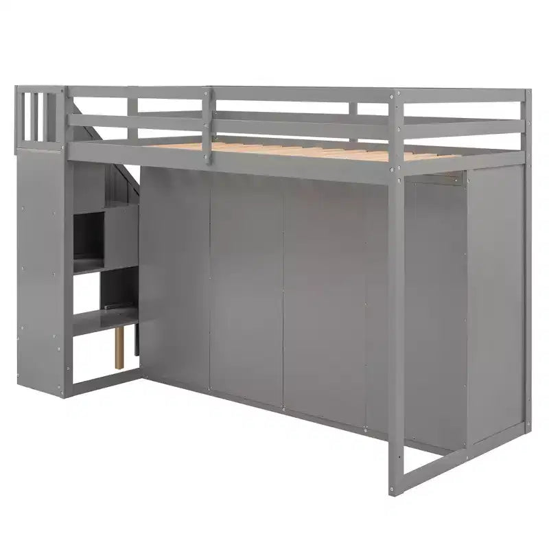 Full Loft Bed with Wardrobes, Drawers, Shelves & Storage Ladder, Pine Wood, 93x42in