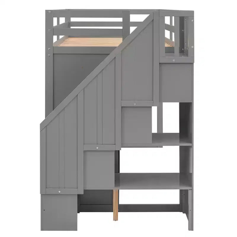 Full Loft Bed with Wardrobes, Drawers, Shelves & Storage Ladder, Pine Wood, 93x42in