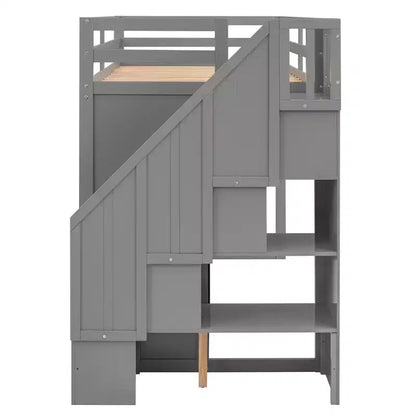 Full Loft Bed with Wardrobes, Drawers, Shelves & Storage Ladder, Pine Wood, 93x42in