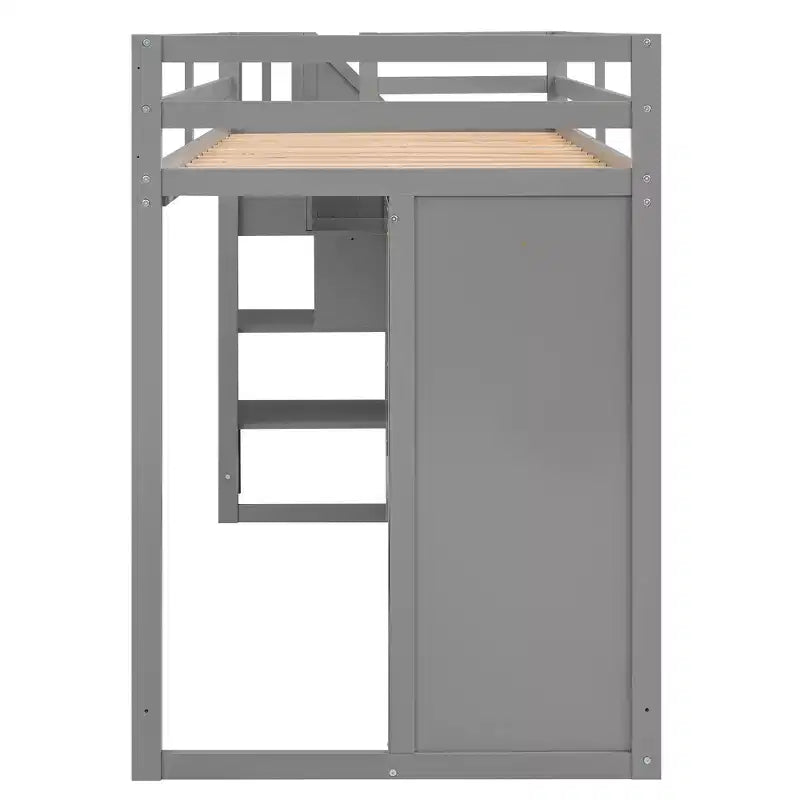 Full Loft Bed with Wardrobes, Drawers, Shelves & Storage Ladder, Pine Wood, 93x42in