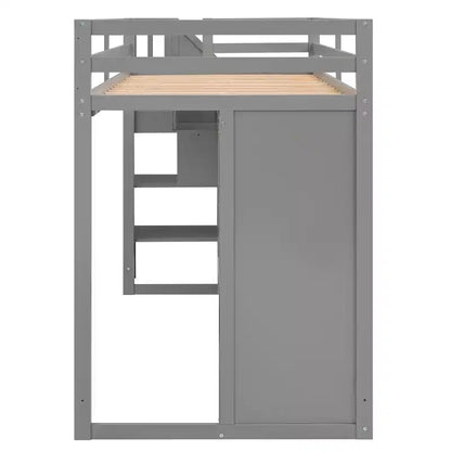 Full Loft Bed with Wardrobes, Drawers, Shelves & Storage Ladder, Pine Wood, 93x42in