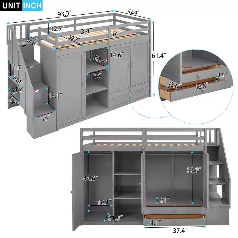 Full Loft Bed with Wardrobes, Drawers, Shelves & Storage Ladder, Pine Wood, 93x42in