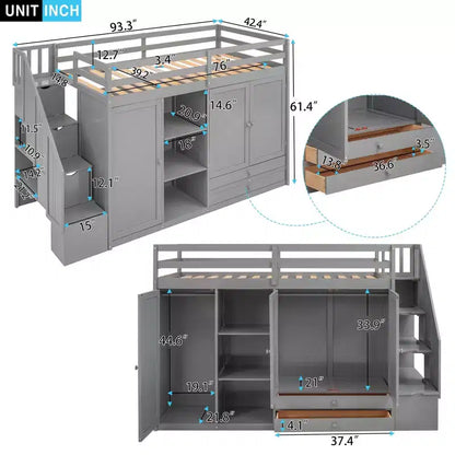 Full Loft Bed with Wardrobes, Drawers, Shelves & Storage Ladder, Pine Wood, 93x42in