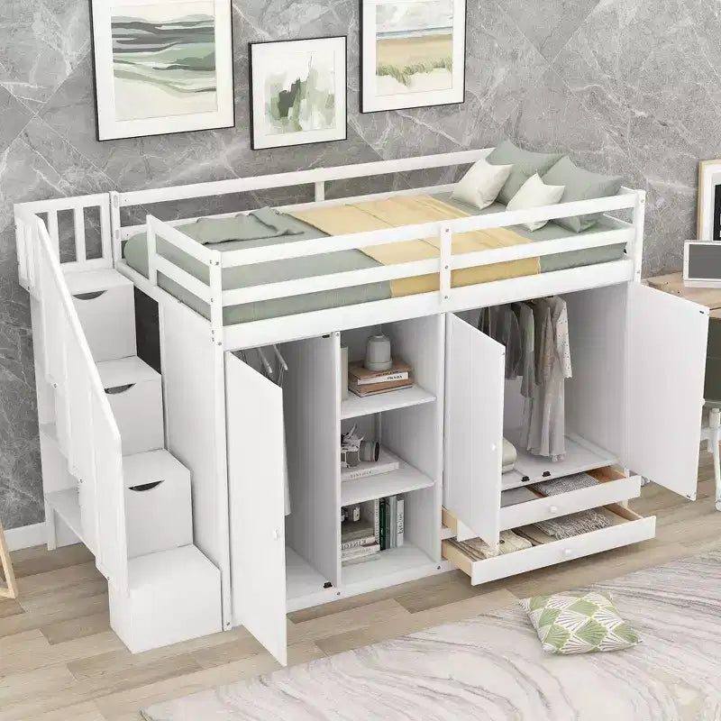 Full Loft Bed with Wardrobes, Drawers, Shelves & Storage Ladder, Pine Wood, 93x42in