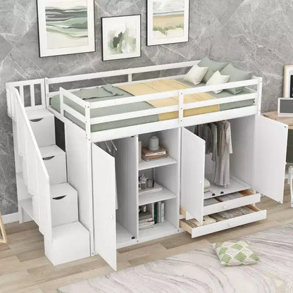 Full Loft Bed with Wardrobes, Drawers, Shelves & Storage Ladder, Pine Wood, 93x42in