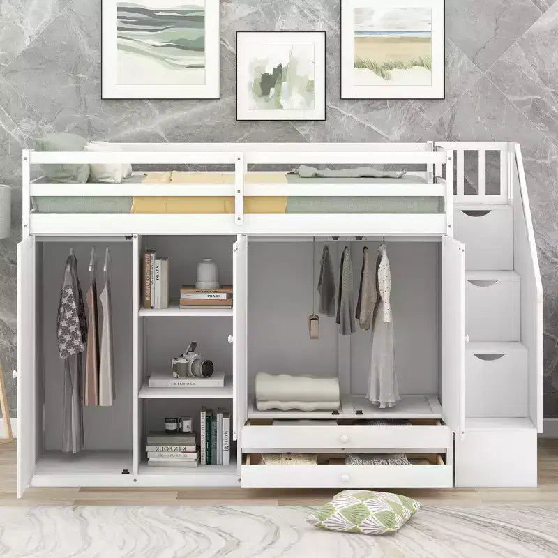 Full Loft Bed with Wardrobes, Drawers, Shelves & Storage Ladder, Pine Wood, 93x42in