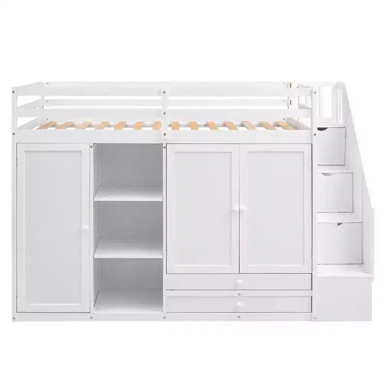 Full Loft Bed with Wardrobes, Drawers, Shelves & Storage Ladder, Pine Wood, 93x42in