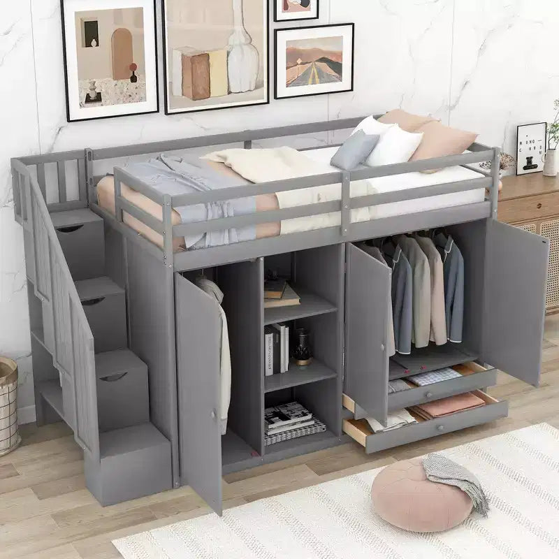 Full Loft Bed with Wardrobes, Drawers, Shelves & Storage Ladder, Pine Wood, 93x42in