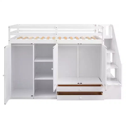 Full Loft Bed with Wardrobes, Drawers, Shelves & Storage Ladder, Pine Wood, 93x42in