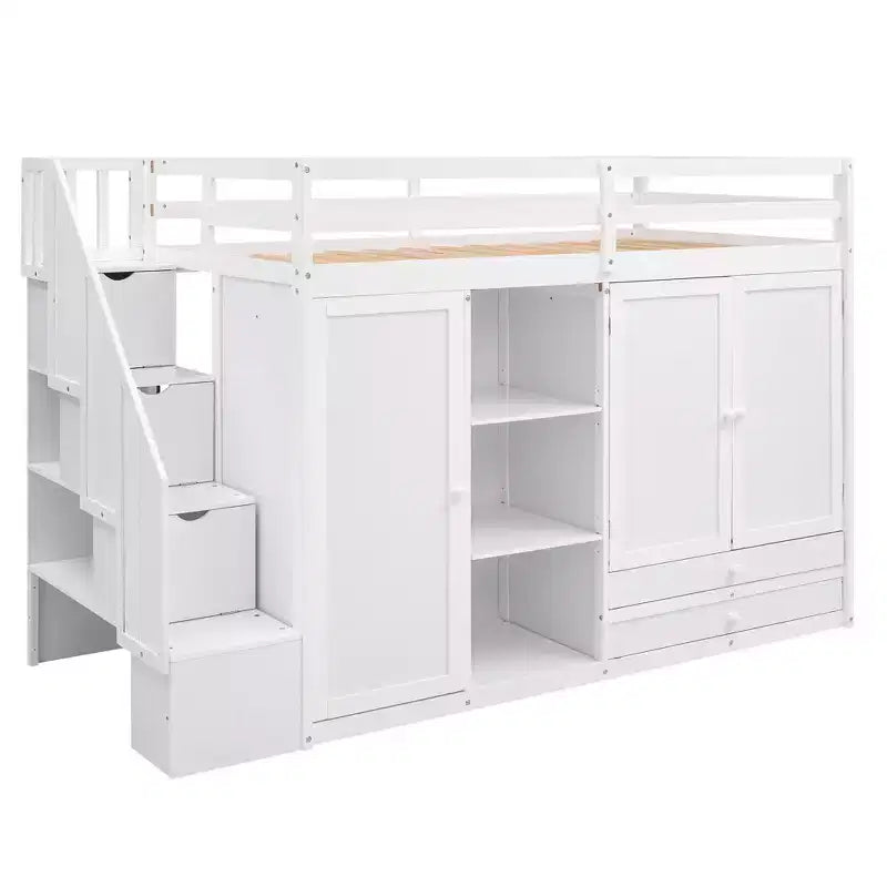 Full Loft Bed with Wardrobes, Drawers, Shelves & Storage Ladder, Pine Wood, 93x42in