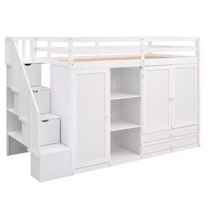 Full Loft Bed with Wardrobes, Drawers, Shelves & Storage Ladder, Pine Wood, 93x42in