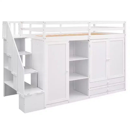 Full Loft Bed with Wardrobes, Drawers, Shelves & Storage Ladder, Pine Wood, 93x42in