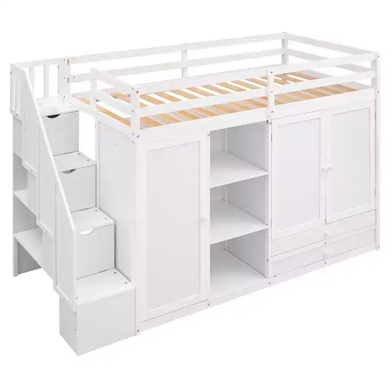 Full Loft Bed with Wardrobes, Drawers, Shelves & Storage Ladder, Pine Wood, 93x42in
