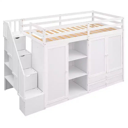 Full Loft Bed with Wardrobes, Drawers, Shelves & Storage Ladder, Pine Wood, 93x42in