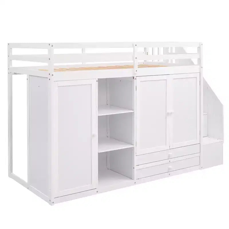 Full Loft Bed with Wardrobes, Drawers, Shelves & Storage Ladder, Pine Wood, 93x42in