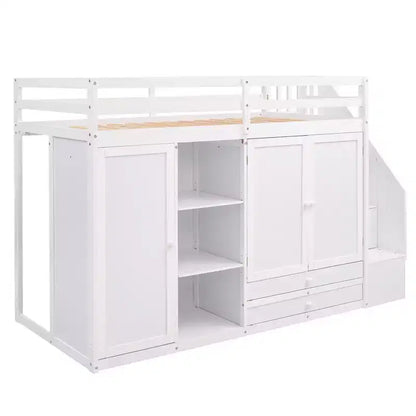 Full Loft Bed with Wardrobes, Drawers, Shelves & Storage Ladder, Pine Wood, 93x42in