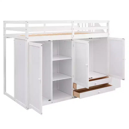 Full Loft Bed with Wardrobes, Drawers, Shelves & Storage Ladder, Pine Wood, 93x42in