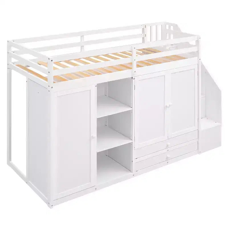 Full Loft Bed with Wardrobes, Drawers, Shelves & Storage Ladder, Pine Wood, 93x42in
