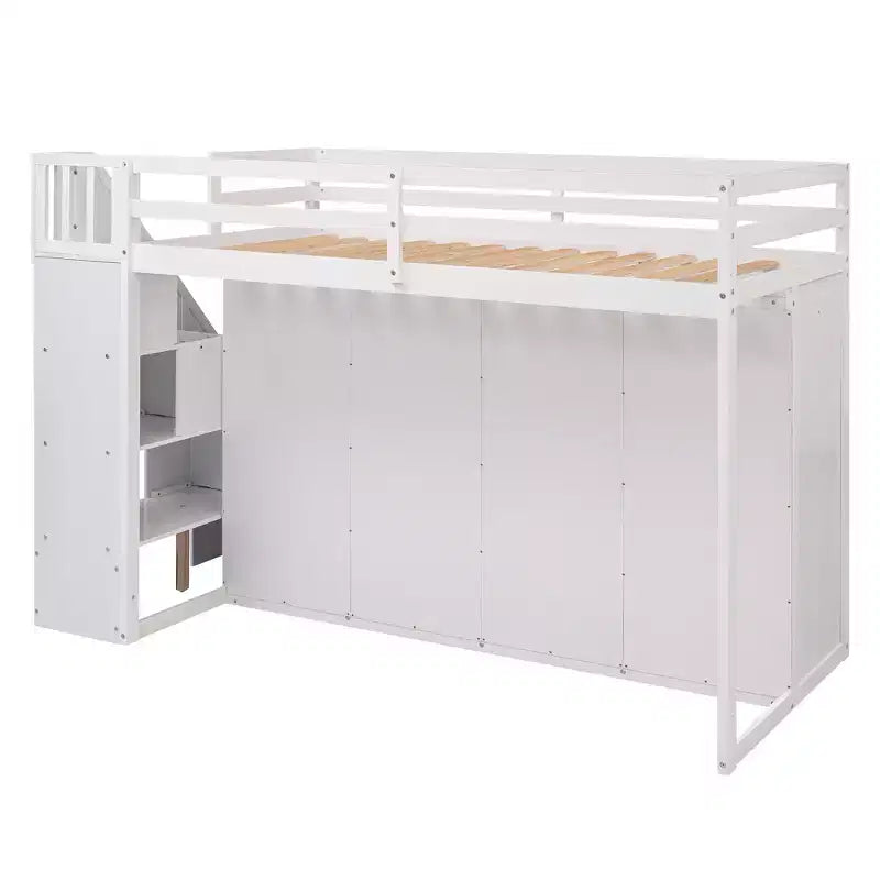 Full Loft Bed with Wardrobes, Drawers, Shelves & Storage Ladder, Pine Wood, 93x42in
