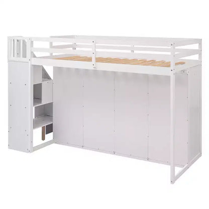Full Loft Bed with Wardrobes, Drawers, Shelves & Storage Ladder, Pine Wood, 93x42in
