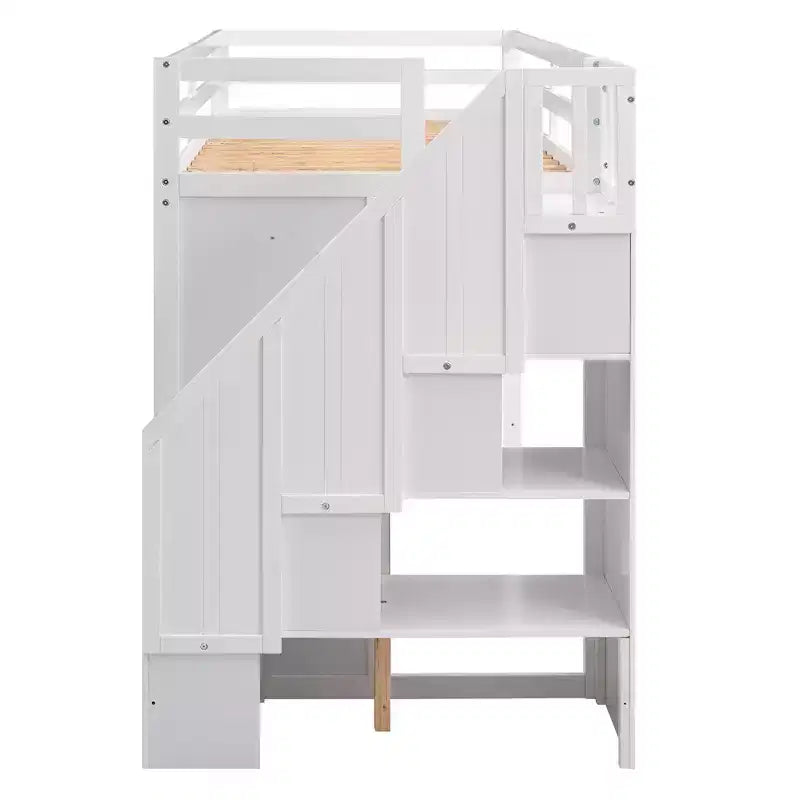 Full Loft Bed with Wardrobes, Drawers, Shelves & Storage Ladder, Pine Wood, 93x42in