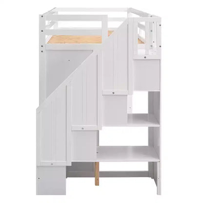 Full Loft Bed with Wardrobes, Drawers, Shelves & Storage Ladder, Pine Wood, 93x42in